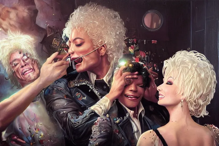 Prompt: portrait of dolly parton removing chewing gum from michael jacksons hair, an oil painting by ross tran and thomas kincade