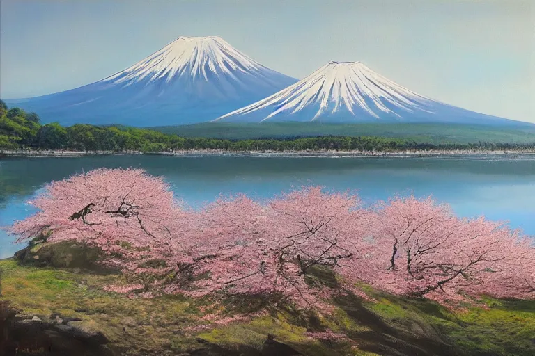 Prompt: mount fuji, view from behind lake, sunny morning, photorealistic landscape, oil on canvas, standing under blossoming cherry trees