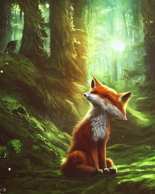 Prompt: Fox singing in forest, portrait, wearing hat, magical notes, fairy atmosphere, magic the gathering artwork, D&D, fantasy, cinematic lighting, centered, symmetrical, highly detailed, digital painting, artstation, concept art, smooth, sharp focus, illustration, volumetric lighting, epic Composition, 8k, art by Akihiko Yoshida and Greg Rutkowski and Craig Mullins, oil painting, cgsociety