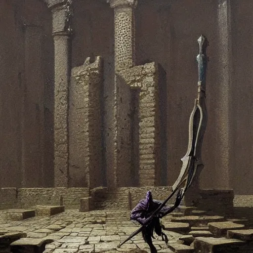 Prompt: a hyperdetailed painting of a dark executioner wielding a huge axe standing in the middle of an ancient ruined temple, by beksinski, wayne barlowe, adrian smith fantasy art, ruan jia, trending in artstation