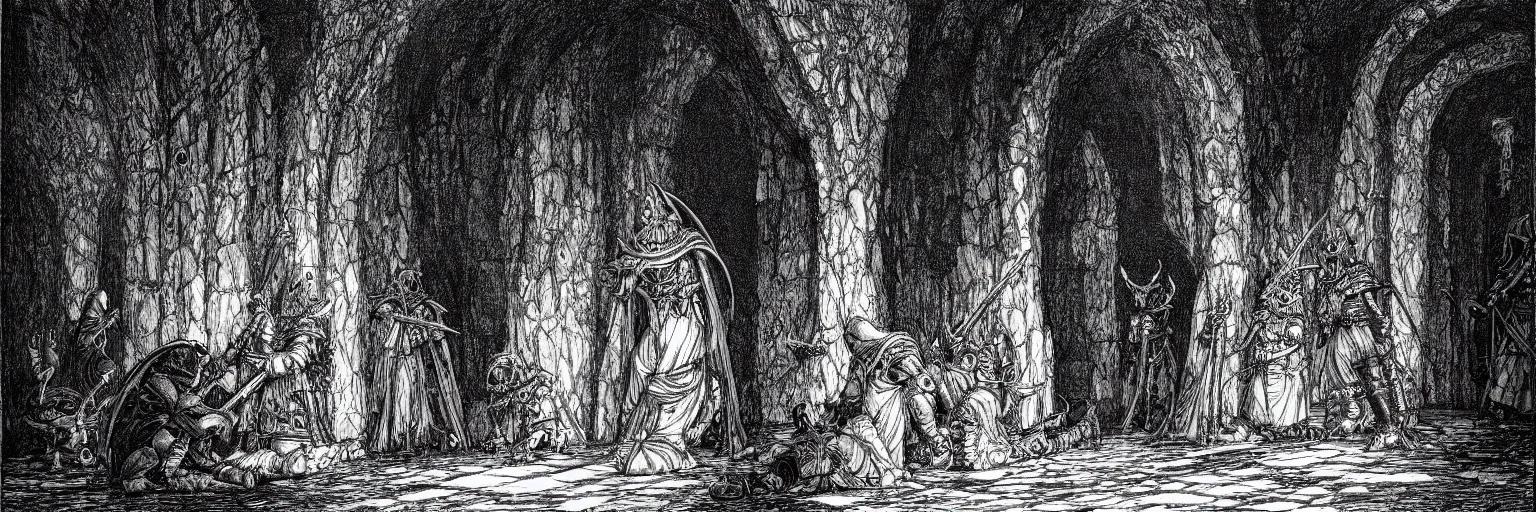 Image similar to dark souls entering the labyrinth pen-and-ink illustration by Franklin Booth, fish eye lens