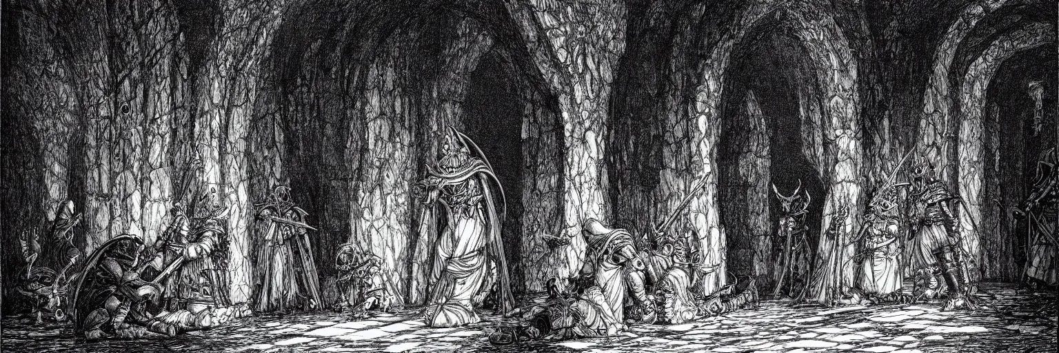 Prompt: dark souls entering the labyrinth pen-and-ink illustration by Franklin Booth, fish eye lens