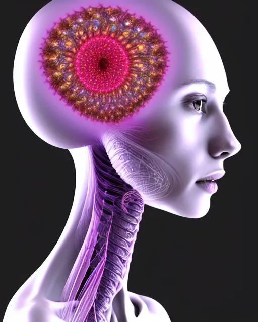 Prompt: 3D render of a beautiful profile face portrait of a young female angelic-extraterrestrial-cyborg face with a very long neck, big clear eyes, thin nose, big lips, hair floating in the wind, 150 mm, flowers, Mandelbrot fractal, anatomical, flesh, facial muscles, veins, arteries, full frame, microscopic, elegant, highly detailed, flesh ornate, elegant, high fashion, rim light, ray trace, octane render in the style of H.R. Giger Realistic, Refined, Digital Art, Pre-Raphaelite, Highly Detailed, Cinematic Lighting, rim light, black and white, photo-realistic Unreal Engine, 8K