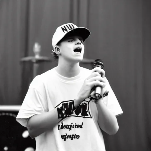 Image similar to 19-year-old white boy wearing backwards baseball cap, baggy jeans, rapping into microphone, nü metal concert, rap metal, alternative metal, 1999 photograph