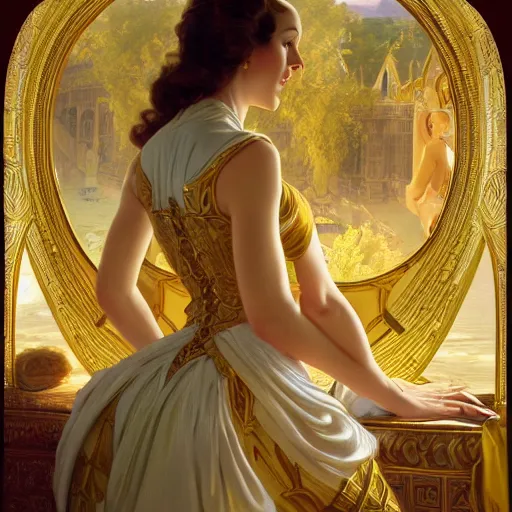 Image similar to kneeling before a condescending queen, royal gown, golden detailing, medium shot, intricate, elegant, highly detailed, digital painting, volumetric light, artstation, concept art, smooth, sharp focus, illustration, art by Gil Elvgren and Greg Rutkowski and Alphonse Mucha, 8K