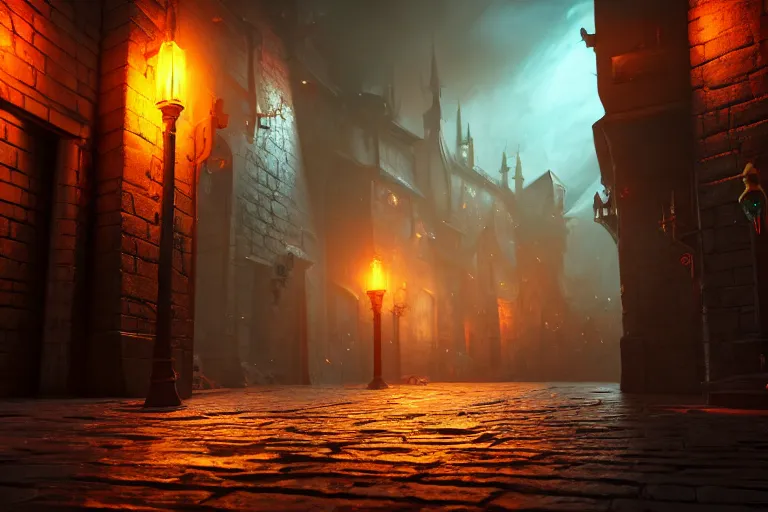 Prompt: the streets of baldur's gate, 3 d video game, dungeons and dragons, fantasy atmosphere, octane render, depth of field, unreal engine 5, concept art, full of color, glow, trending on artstation, ultra high detail, ultra realistic, cinematic, focused, 8 k