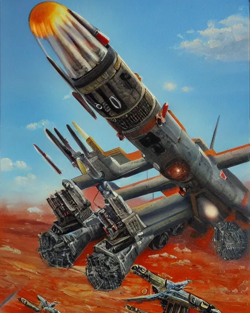 Prompt: sukhoi mech armed with rockets and a minigun, oil painting, soviet ( ( ( airplane ) ) ), tribal yurta, postapocalyptic, sharp focus