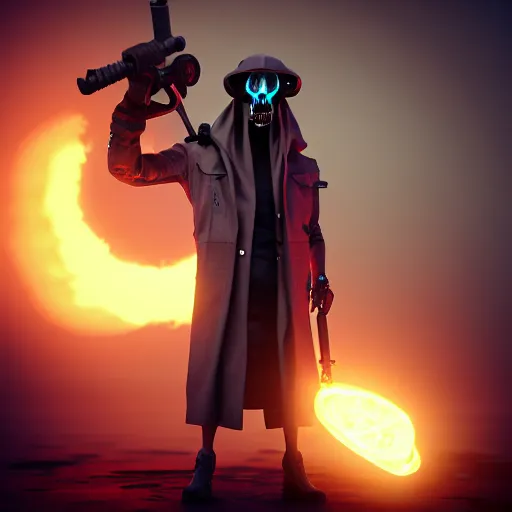 Prompt: atompunk grim reaper, character design, high quality digital art, render, octane, redshift, volumetric lighting, oled