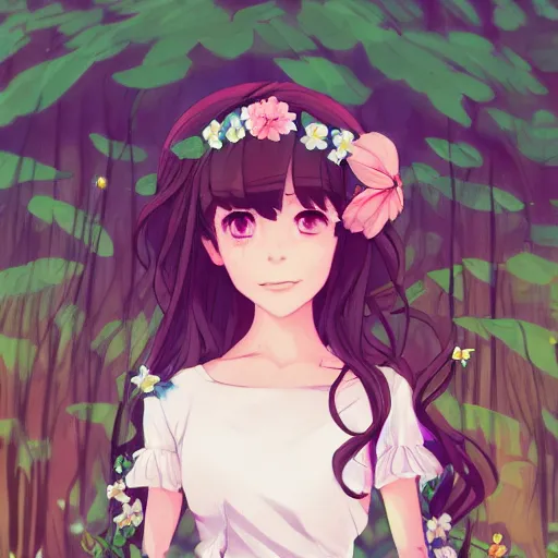 Image similar to a pretty girl with flowers in her hair, wearing a flowing dress, forest background, anime key visual, lois van baarle, ilya kuvshinov, rossdraws, artstation