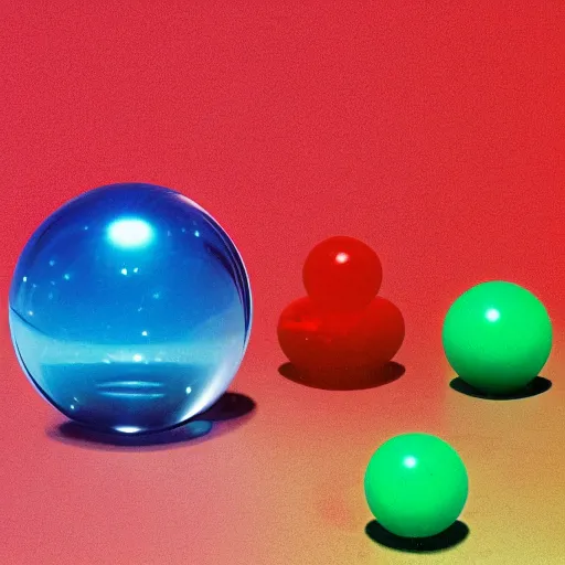 Prompt: soap bubble spheres on a red cube