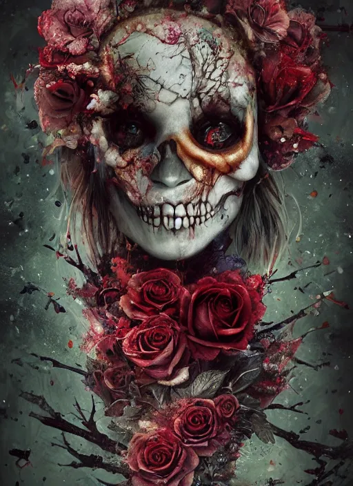 Image similar to Alice in Wonderland,roses,bullets,highly detailed,half skull face,cinematic,8k,by Stanley Artgermm,Tom Bagshaw,Greg Rutkowski,Carne Griffiths, Ayami Kojima, Beksinski, Giger,trending on DeviantArt,hyper detailed,horror, full of colour