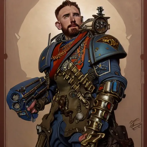 Image similar to full portrait of warhammer 4 0 k chris evans, fantasy, d & d, intricate, detailed, by by alphonse mucha, adolfo hohenstein, alice russell glenny, stanley artgerm lau, greg rutkowski, detailed, trending on artstation, trending on artstation, smooth