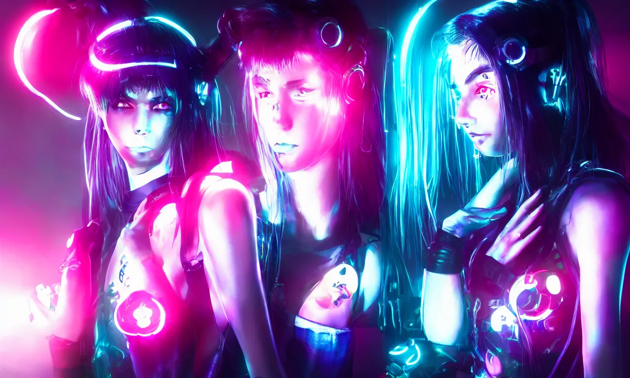 Image similar to neon cyberpunk sailor moon with arm tattoos, 1 / 4 headshot, cinematic lighting, dystopian scifi gear, gloomy, profile picture,