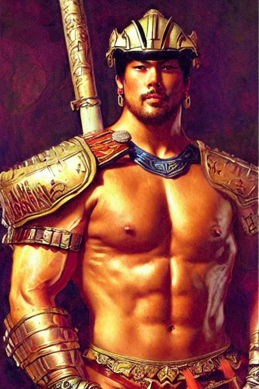 Prompt: attractive beefy male with armor, tang dynasty, character design, colorful, painting by gaston bussiere, craig mullins, j. c. leyendecker, tom of finland