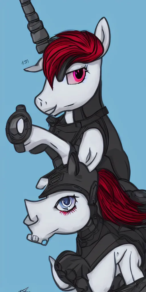 Image similar to Fallout Equestria Project Horizons | Blackjack Character Fanart | White MLP Unicorn Mare with red and black shaggy hair, and bright, robotic eyes. | Cutie Mark is: Ace and Queen of Spades | Trending on ArtStation, Digital Art, MLP Fanart, Fallout Fanart | Blackjack sitting and looking depressed at the viewer | Hyperrealistic CGI Photorealism