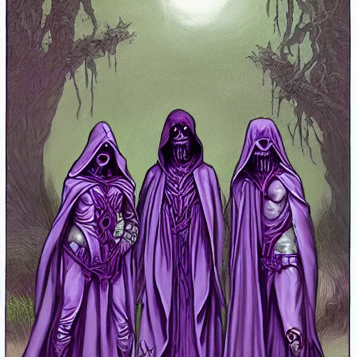 Prompt: cute undead purple cloaked liches, from the second edition of hollow's guide to summoning undead, summoning undead friends, highly detailed, by brom, by larry elmore, artstation