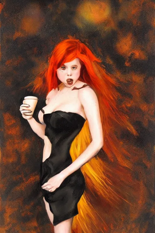 Prompt: painting in style of james gurney, very young, dark angel of coffee, the extremely hot and sexy, shiny black dress, long red hair, freckles, orange halo around her head, black wings, huge cup of coffee