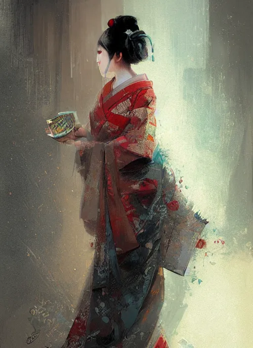 Image similar to female geisha girl, beautiful face, neon, rule of thirds, intricate outfit, spotlight, by greg rutkowski, by jeremy mann, digital painting