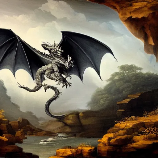 Prompt: oil painting of a dragon flying in the air near a cave with a waterfall in the center, light emanating from the waterfall leading to a big pool of water, dragon has black and white tiger stripes, elegant, sharp focus, wide shot, clear, detailed, early renaissance