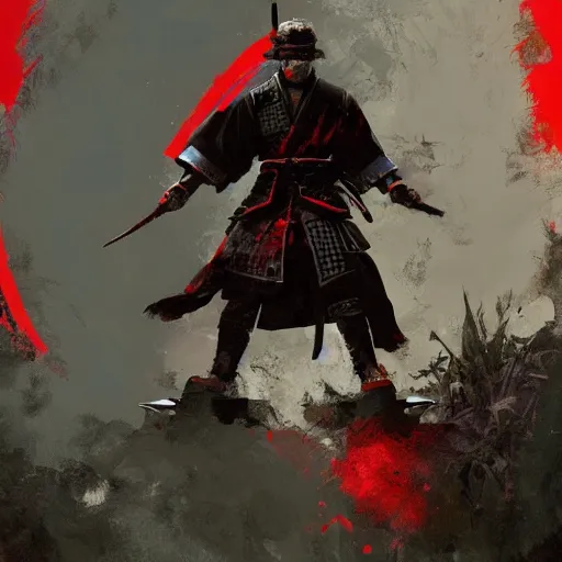 Image similar to artwork by Craig Mullins and Russ Mills and SPARTH showing a well-adjusted samurai in front of a red circle