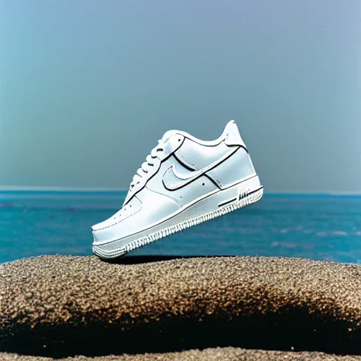 Image similar to photo of white nike air force one sneaker on a beach, color film photography, 3 5 mm,