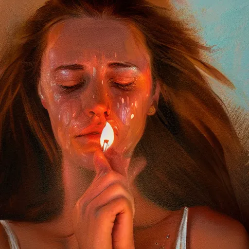 Prompt: woman crying with water on her face, personal painting, light coming from a candle