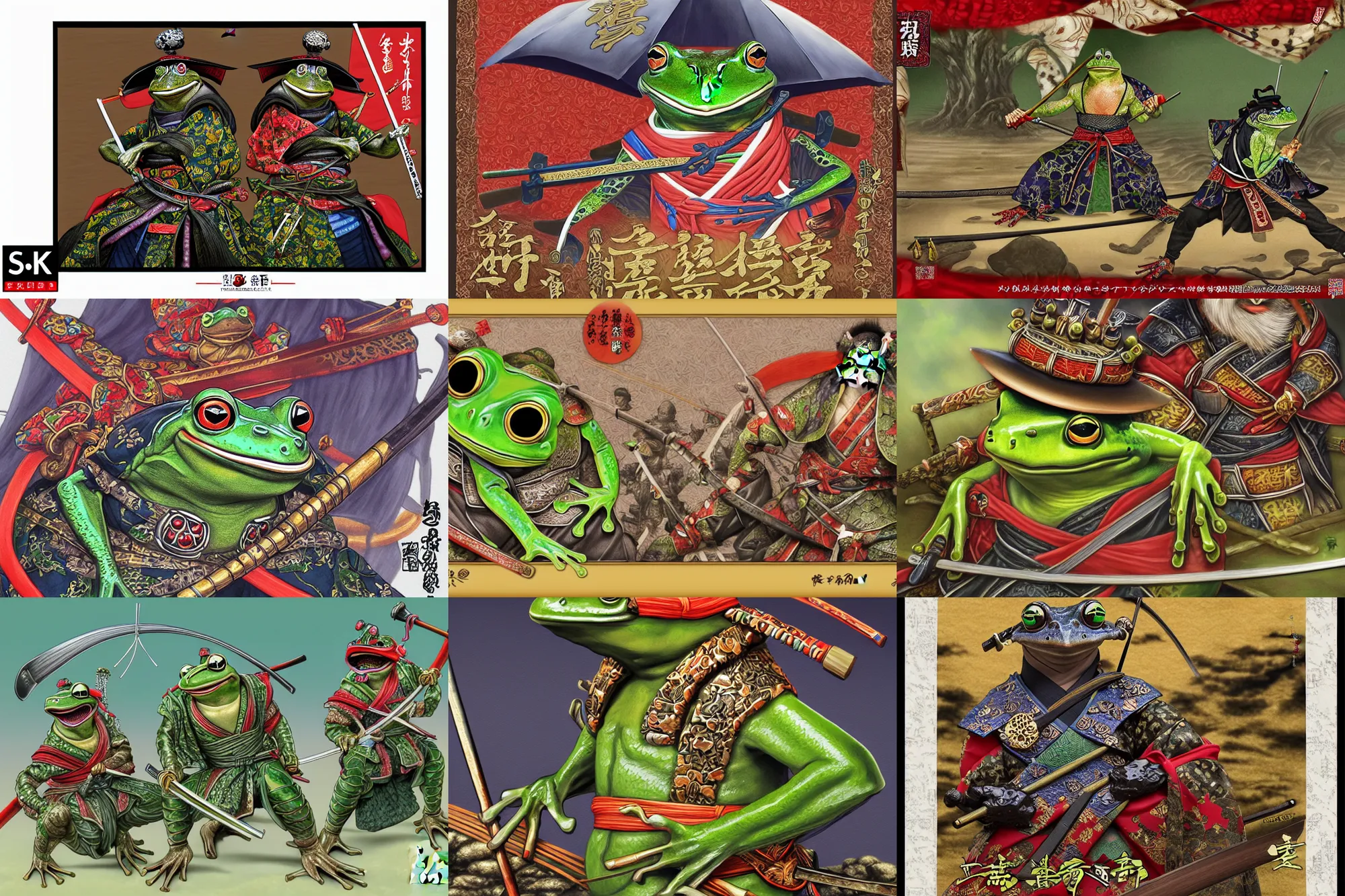 Prompt: a frog samurai on samurai council meeting official portrait highly detailed, 4 k, hdr, smooth, sharp focus, high resolution, award - winning, poster art illustrated by anne stokes, from sengoku period