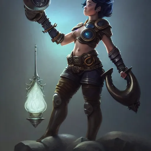 Image similar to muscular female gnome engineer artificer, metal gauntlet, short black hair, naval landscape, full body portrait, d & d, fantasy, intricate, elegant, highly detailed, digital painting, artstation, centred, rule of thirds, concept art, matte, sharp focus, illustration, cover by artgerm, art by greg rutkowski