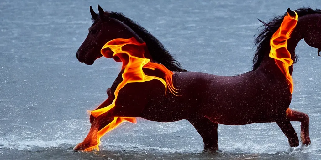 Image similar to horse made of fire running on water