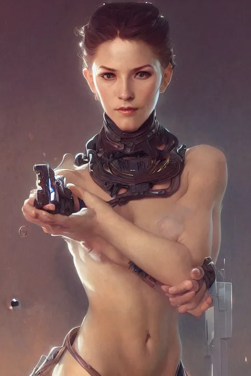 Image similar to a female bounty hunter, arcane, intricate, elegant, highly detailed, digital painting, artstation, concept art, smooth, sharp focus, illustration, art by artgerm and greg rutkowski and alphonse mucha and william - adolphe bouguereau