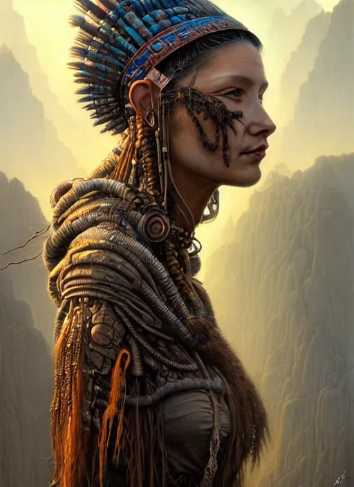 Prompt: closeup portrait shot of a female shaman in a scenic dystopian environment, intricate, elegant, highly detailed, centered, digital painting, artstation, concept art, smooth, sharp focus, illustration, artgerm, tomasz alen kopera, peter mohrbacher, donato giancola, joseph christian leyendecker, wlop, boris vallejo