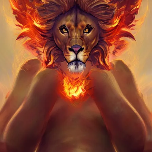 Image similar to a portrait of a lion goddess wreathed in flame, fully body posing, high quality character concept art, digital, trending