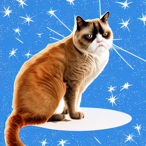 Prompt: A grumpy cat. Sitting on planet earth. In space, digital art