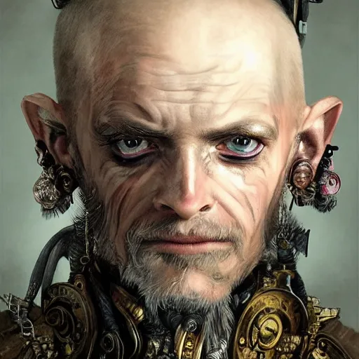 Image similar to portrait, headshot, insanely nice hair style, digital painting, of a old 17th century, old cyborg merchant, amber jewels, baroque, ornate clothing, scifi, realistic, hyperdetailed, chiaroscuro, concept art, art by Franz Hals and Jon Foster and Ayami Kojima and Amano and Karol Bak,