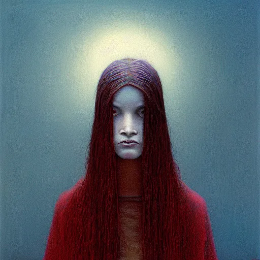 Prompt: teen girl who is half raven, painting by Beksinski