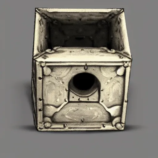 Prompt: 1 8 8 5 photo of a riveted companion!! cube!! from portal 2, daguerrotype, high quality