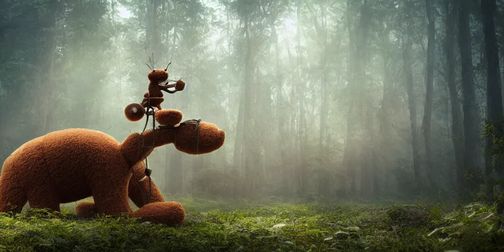 Prompt: a giant ant is riding a giant teddy bear in a forest, moody, cinematic light, matte painting, concept art, highly detailed, 8k