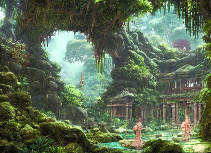 Image similar to Fantasy tropical forest temple. hidari, color page, tankoban, 4K, tone mapping, Akihiko Yoshida.