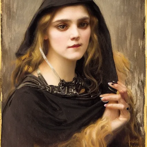 Prompt: portrait of a young women wearing a black cloak, her face is a skull, ultra realistic and highly detailed painting by gaston bussiere and j. c. leyendecker 8 k