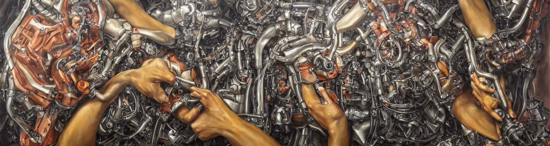 Image similar to mechanical arm reaching the heart of a human, oil painting, hyper detailed