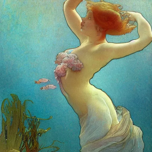 Image similar to Young girl dancing at the bottom of the sea,Perfecting the contours of the face,full-body,Realistic style,smog,Corals, aquatic plants, tropical fish,by Alfons Maria Mucha style