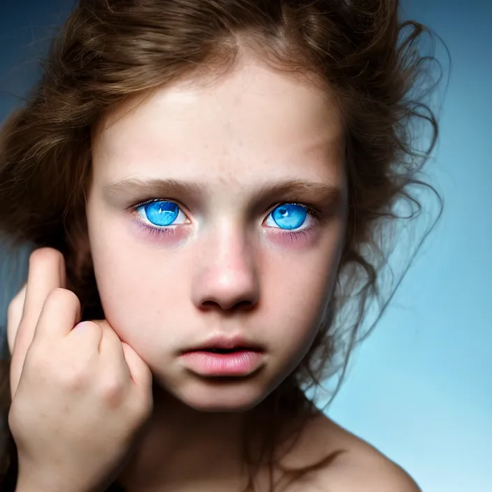 Prompt: dramatic photographic Close-up face of a extremely beautiful girl with light blue eyes and light brown hair ,four fingers maximum, high light on the left, non-illuminated backdrop, illuminated by a dramatic light, Low key lighting, light dark, High constrast, dramatic , Greg Rutkowski, Alphonse Mucha, Steve Mccurry, Lee Jeffries , Norman Rockwell, Craig Mulins ,dark background, high quality, photo-realistic, 8K,