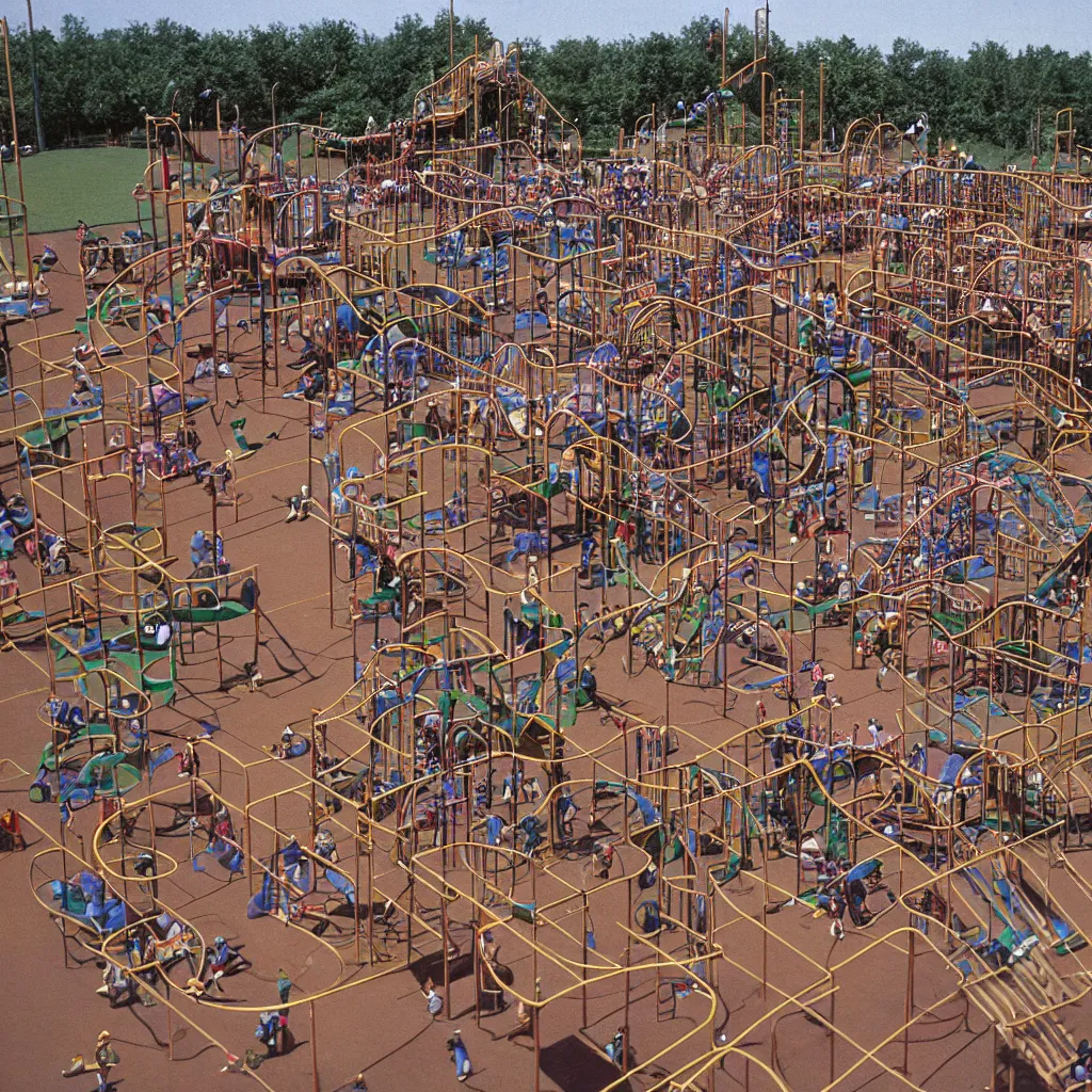 Prompt: full - color closeup 1 9 7 0 s photo of a vast incredibly - large complex very - dense tall many - level playground in a crowded schoolyard. the playground is made of dark - brown wooden planks, and black rubber tires. it has many spiral staircases, high bridges, ramps, and tall towers.