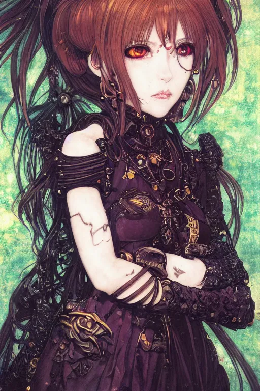 Image similar to portrait of beautiful young gothic anime maiden, cute. Anime, cyberpunk, Warhammer, highly detailed, artstation, illustration, art by Gustav Klimt