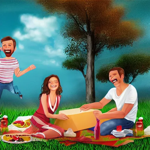 Prompt: happy family on picnic hyper realistic digital illustration