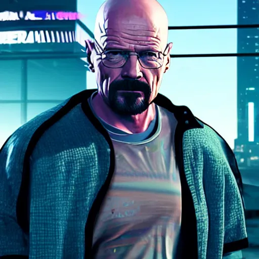 Image similar to walter white from breaking bad in cyberpunk 2 0 7 7 with futuristic city, 4 k, hyper realistic, synthwave, vapor wave, futuristic, advanced