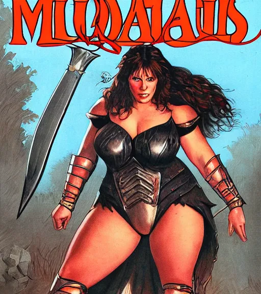Image similar to 1 9 8 0 s fantasy novel book cover, bbw plus size amazonian bryce dallas howard in extremely tight bikini armor wielding a cartoonishly large sword, exaggerated body features, dark and smoky background, low quality print