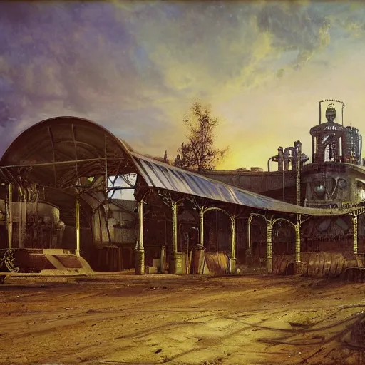 Prompt: painting of hr giger scifi organic shaped gas station with ornate metal work lands on a farm, fossil ornaments, volumetric lights, purple sun, andreas achenbach