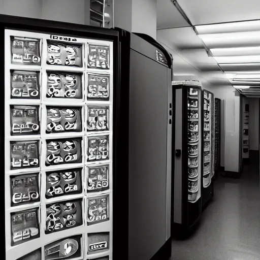 Image similar to noisy color photograph of a vending machine room, laboratory, dark corners, minimalist, cinematic, soft vintage glow