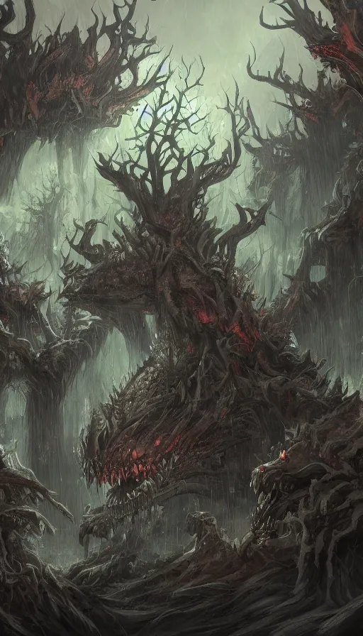 Image similar to a storm vortex made of many demonic eyes and teeth over a forest, by blizzard concept artists